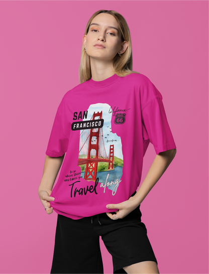 Women & Girls San Francisco Printed TUC Oversized Fit Hot Pink Cotton Tshirt