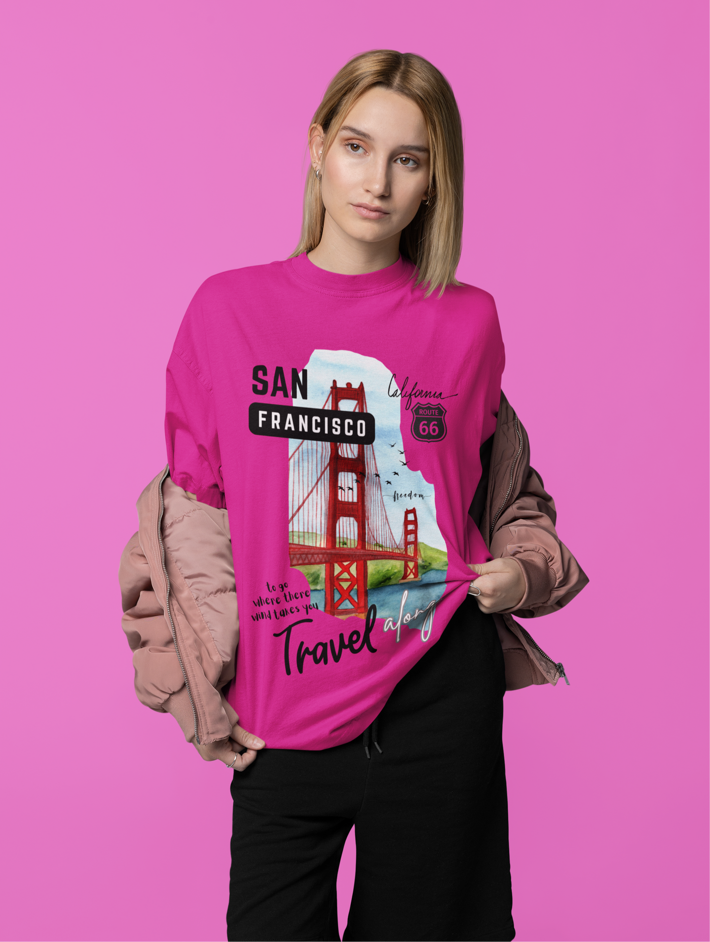 Women & Girls San Francisco Printed TUC Oversized Fit Hot Pink Cotton Tshirt