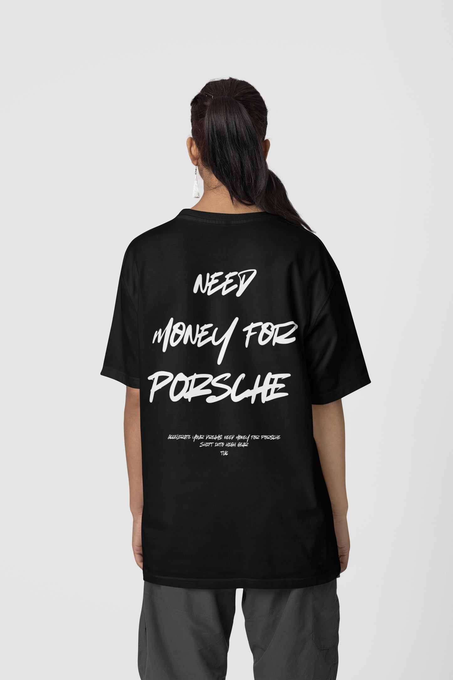 Women & Girls Need Money for Porsche Printed TUC Oversized Fit Black Cotton Tshirt