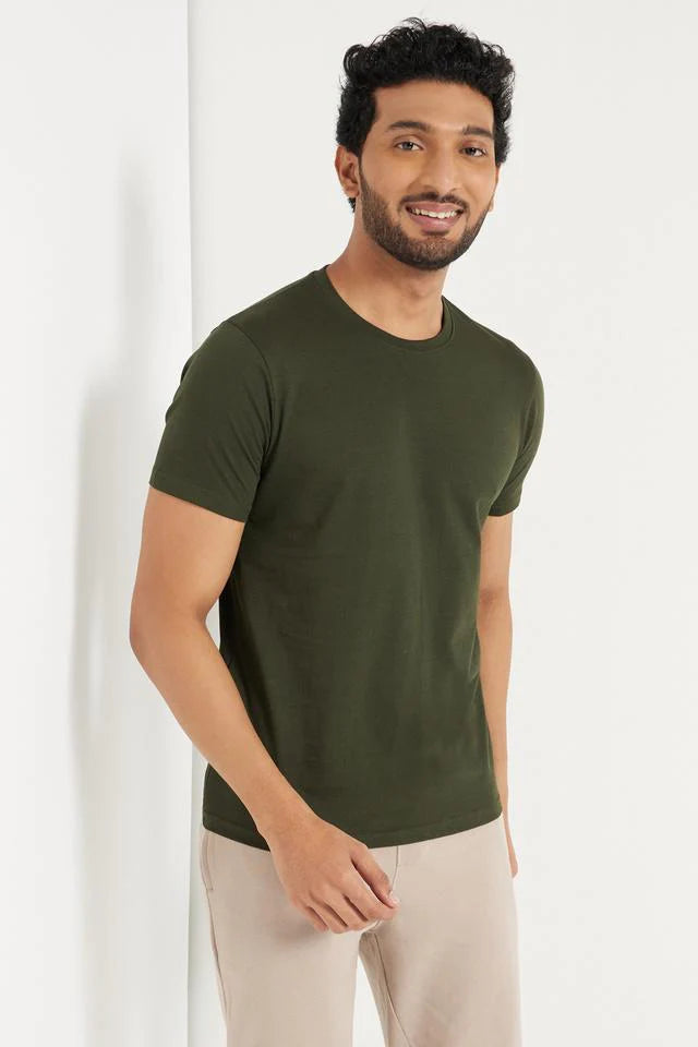 OLIVE GREEN PLAIN REGULAR FIT T-SHIRT