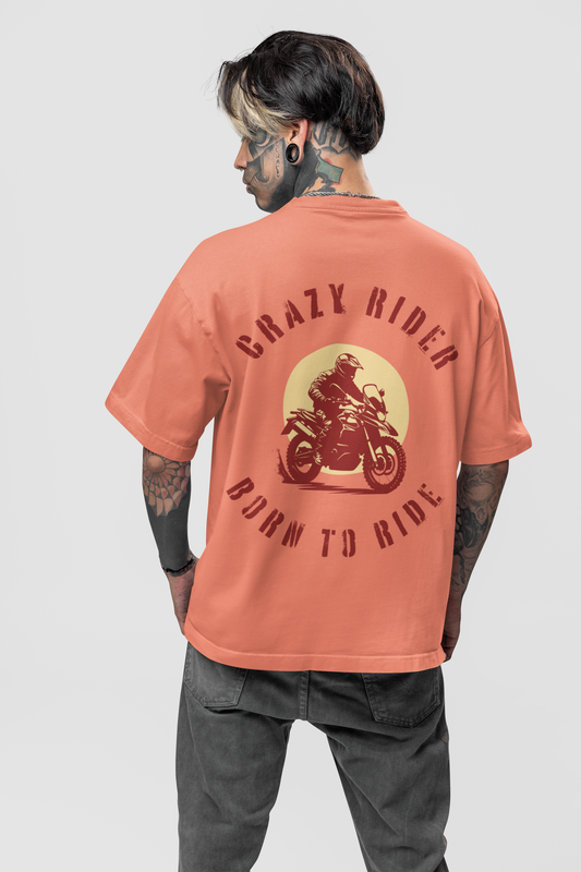 Crazy Rider Printed TUC Oversized Fit Coral (Shade of Orange) Tshirt