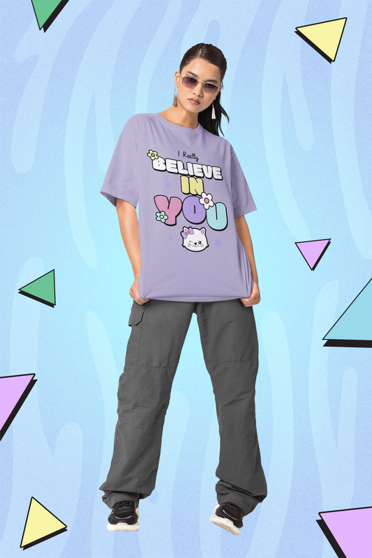 I Believe in you Printed TUC Oversized Fit Lavender Terry Cotton Tshirt