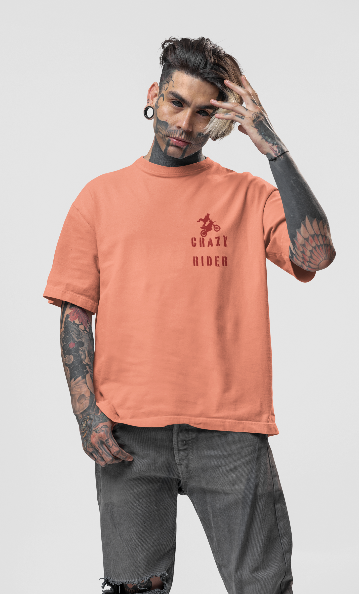 Crazy Rider Printed TUC Oversized Fit Coral (Shade of Orange) Tshirt