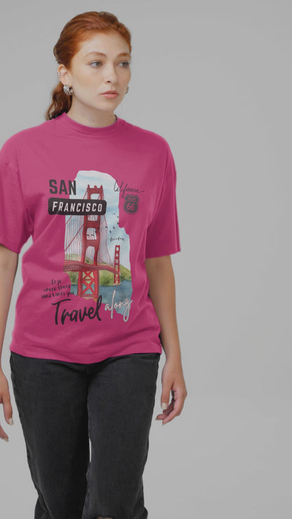 Women & Girls San Francisco Printed TUC Oversized Fit Hot Pink Cotton Tshirt