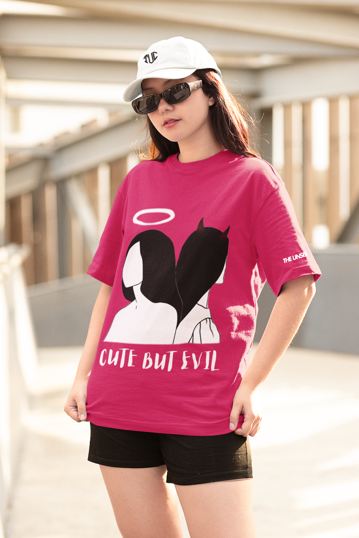 Women's Hot Pink Cute But Evil Graphic Printed Oversized T-shirt