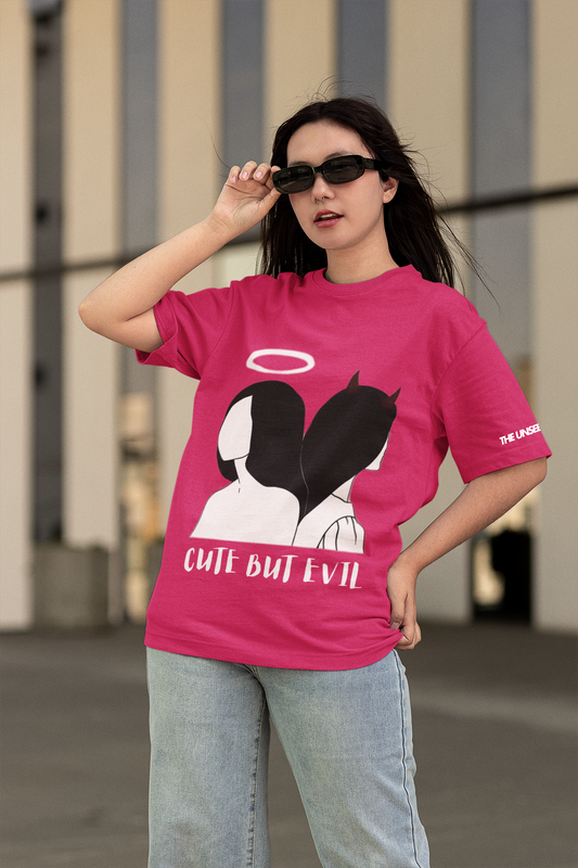 Women's Hot Pink Cute But Evil Graphic Printed Oversized T-shirt