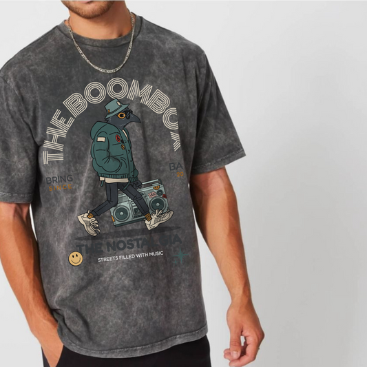 The Boombox Graphic Printed Stone Wash Black Oversized Unisex Tshirt